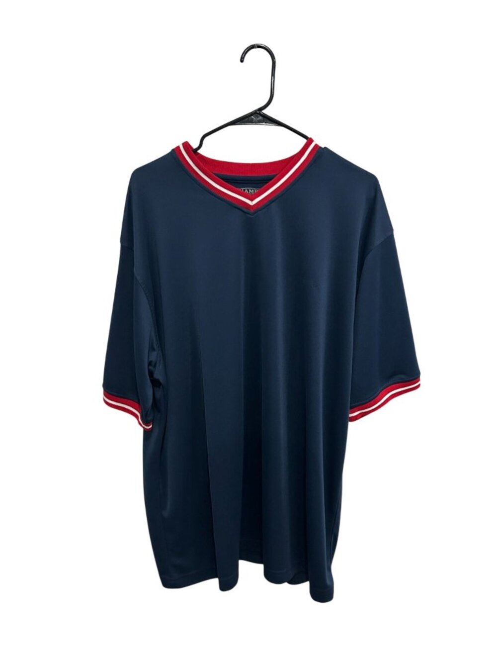 Champs Sports XL Mens Navy V-Neck Shirt Red White Trim Poly Logo Collegiate Retr